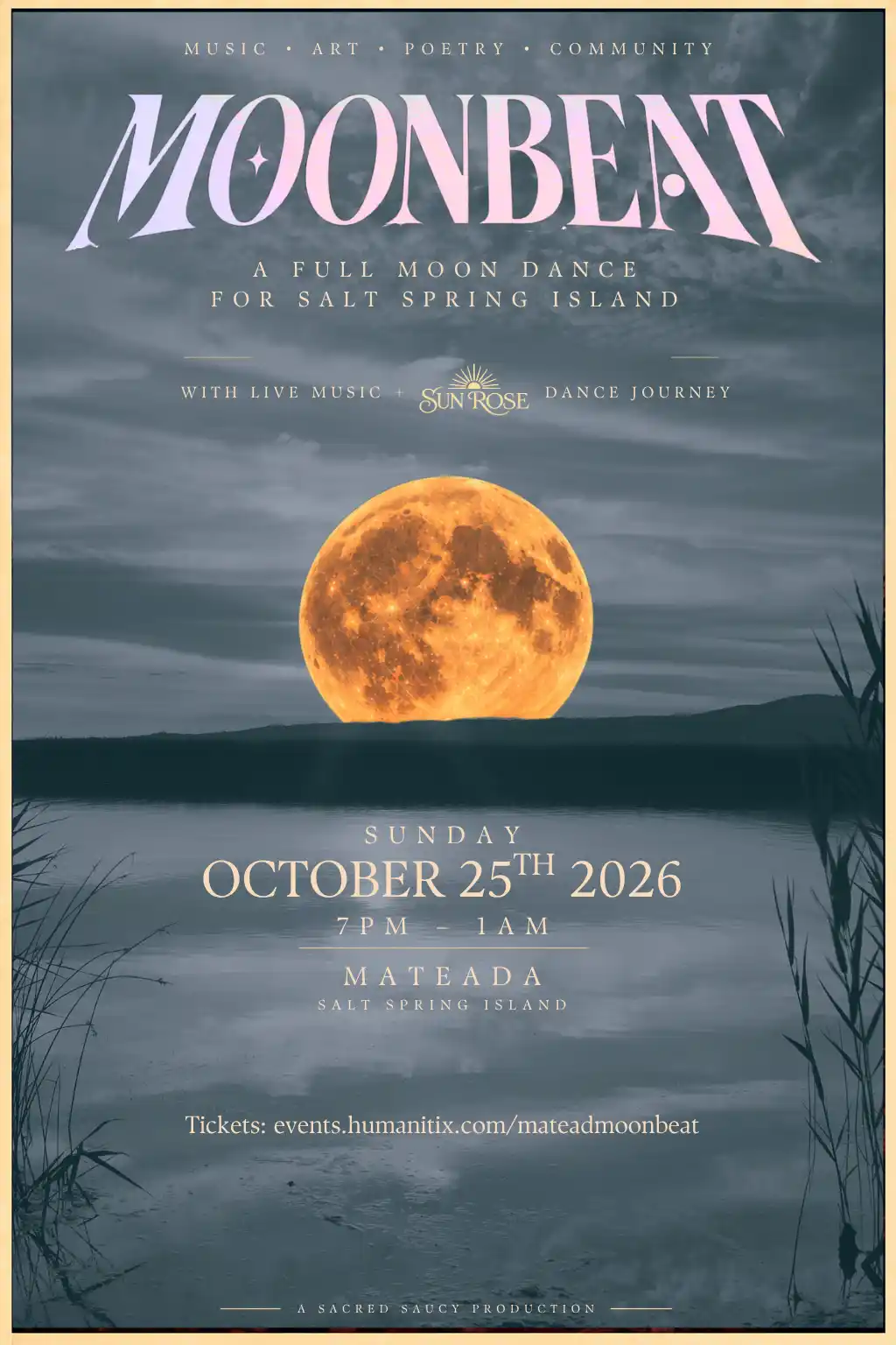 Moonbeat poster: Sunday, October 25, 2026, 7pm to 1am at MATEADA on Salt Spring Island